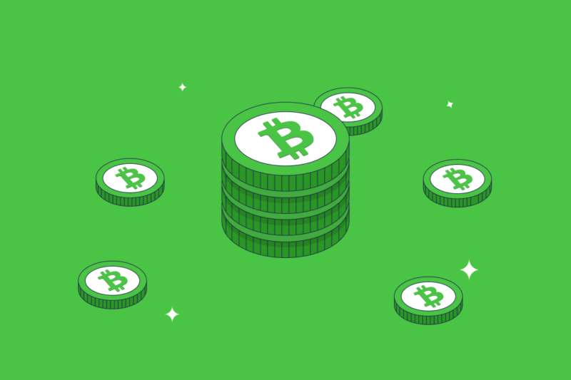 A stack of Bitcoin Cash coins on a green background