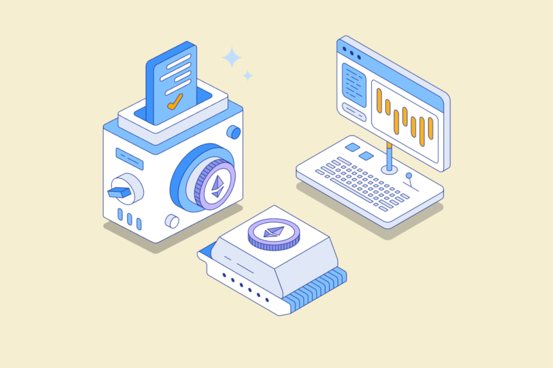 Illustration of computer next to machine with Ethereum logo on it in front of beige background