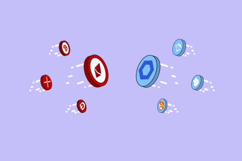 A group of red coins flying at a group of blue tokens on a lavender background