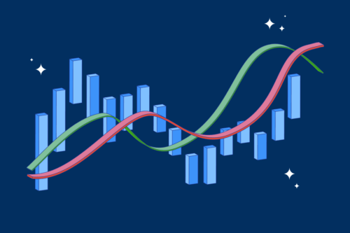 Blue candlestick chart pattern in front of dark blue background