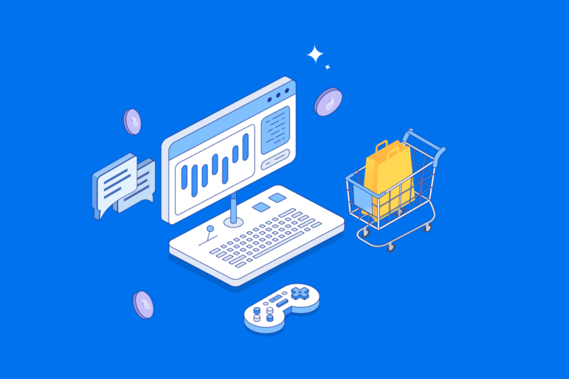 illustration of a computer next to video game controller and shopping cart in front of blue background