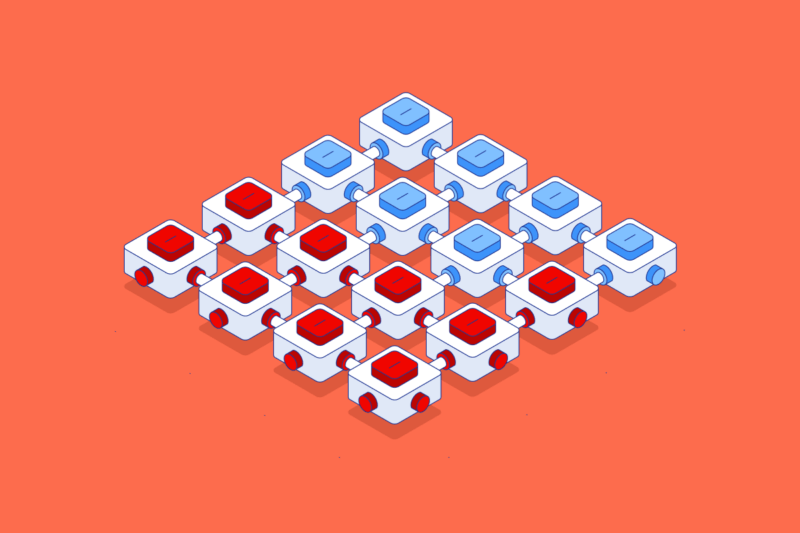 a square of connected blocks with the majority being red and the minority being blue