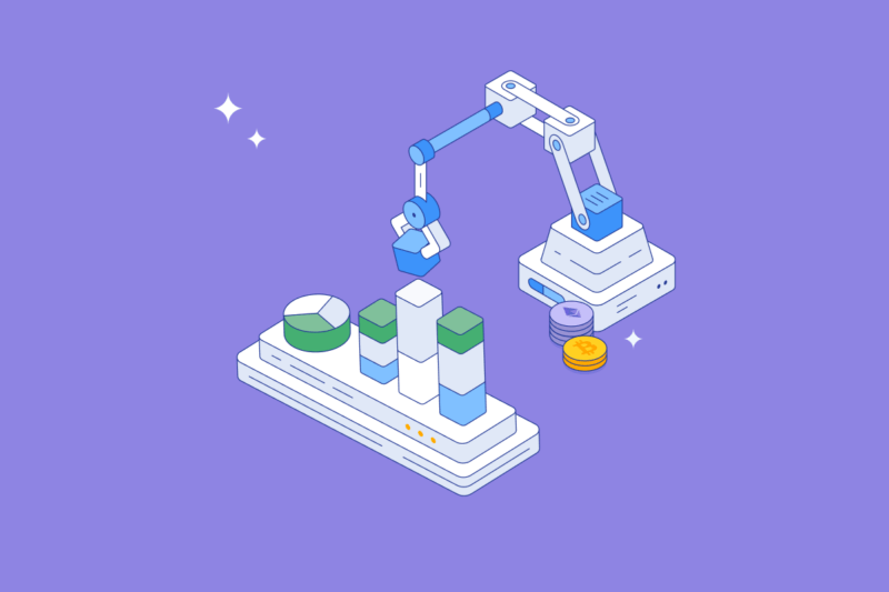A robot arm stacking blocks that represent market volume