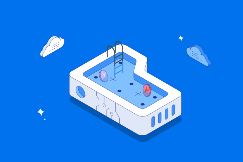 illustration of swimming pool with crypto token floating in it in front of blue background