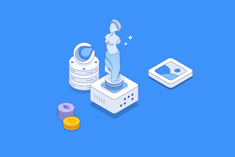 illustration of status next to ethereum and Bitcoin tokens in front of blue background