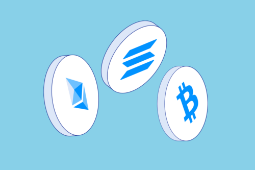 Ethereum, Solana, and Bitcoin Logos in front of acqua background