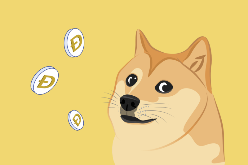 floating DOGE tokens and illustration of DOGE meme in front of yellow background