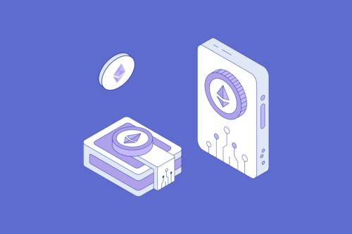 Illustration of Ethereum wallet and logo in front of purple background
