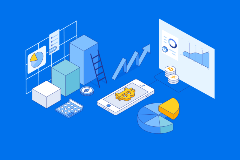 Illustrations of a crypto analysis chart, portfolio, and a phone with a bitcoin logo in front of a blue background