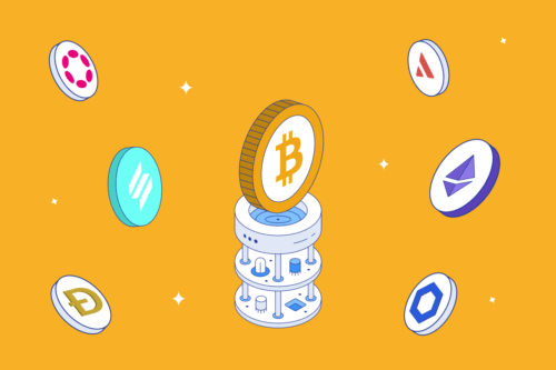 Bitcoin floating on a futuristic pedestal with many other cryptocurrencies floating around on a yellow background