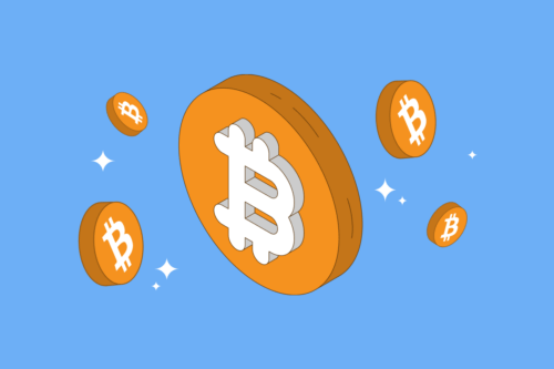 Several Bitcoins in front of light blue background