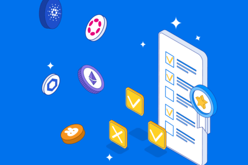 several floating altcoins next to an illustration of a quiz