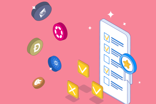 several floating altcoins next to an illustration of a quiz