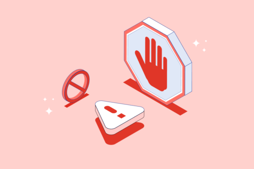 Illustration of a red hand stop sign and hazard sign in front of pinky red background