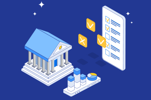 illustration of a bank next to quiz form in front of dark blue background