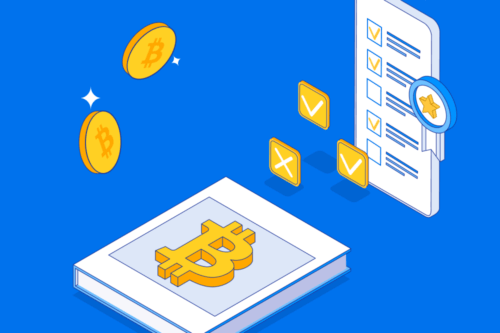 Bitcoin logo next to illustration of a quiz form in front of blue background