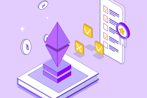 3D Ethereum logo next to a quiz form in front of purple background