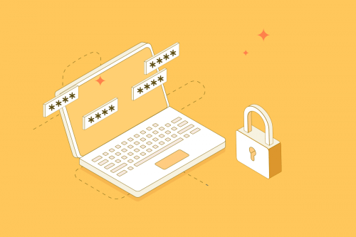Computer with a white padlock floating next to it in front of a yellow background showing secure password management
