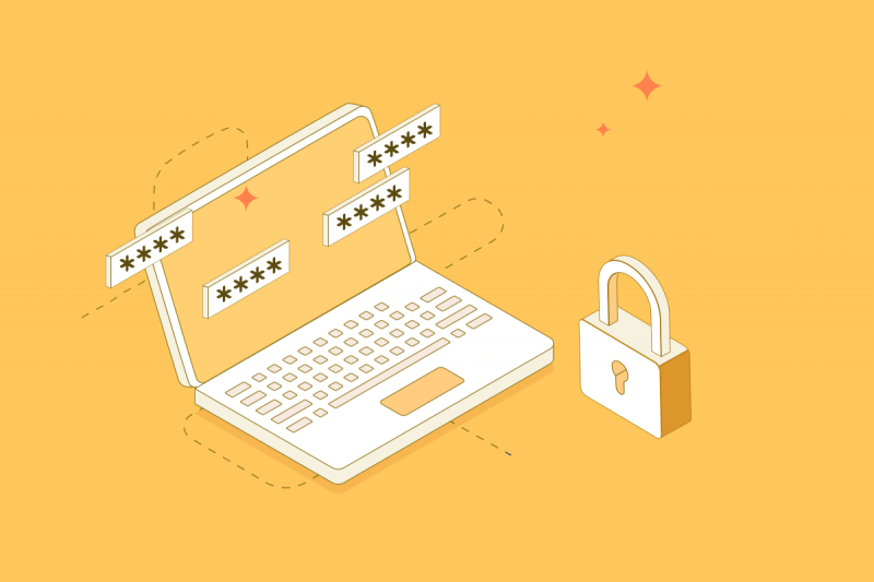 Computer with a white padlock floating next to it in front of a yellow background showing secure password management