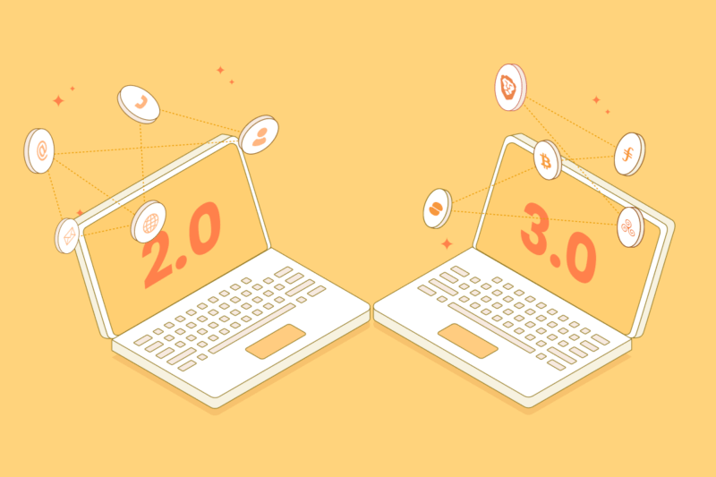 illustration of two laptops one with the "2.0" and the other with "3.0" on it. The computer a surrounded by a chain of nodes