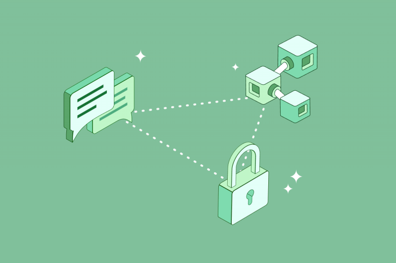 a triangle connecting a lock, a message illustration and a decentralization illustration in front of a green background