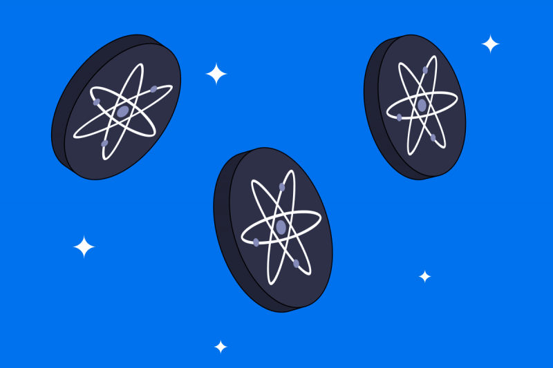Three Cosmos (ATOM) tokens floating on a blue background
