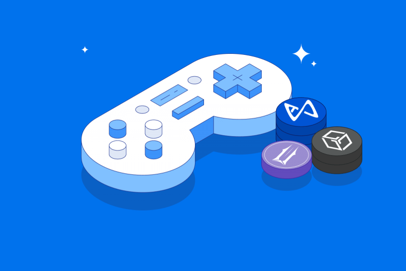 Video game controller with a stack of crypto coins at the base on a blue background