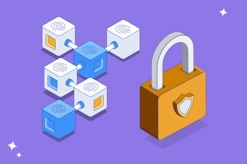 Several interlinked blocks and a padlock on a purple background