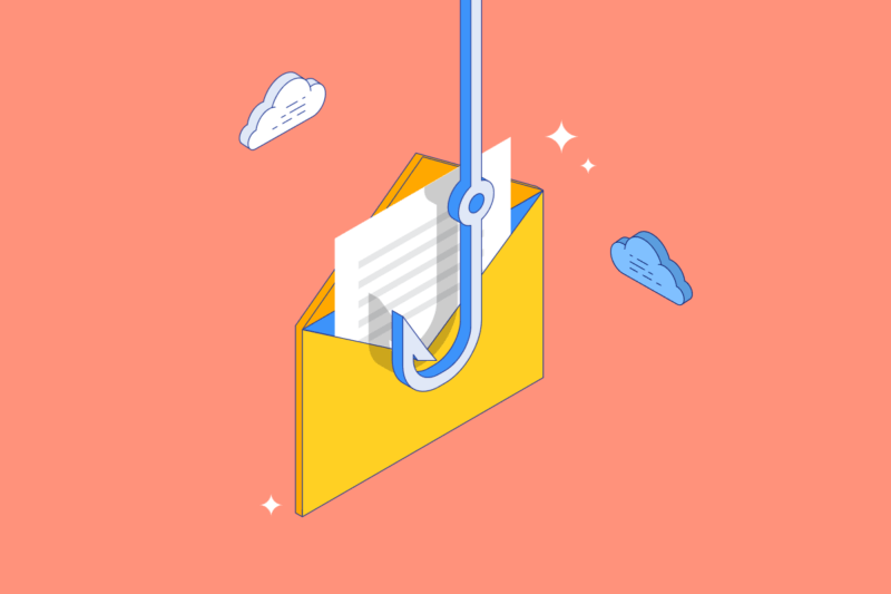 A fishing hook on top of an envelope on a red background that represents phishing