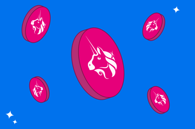 A number of pink UNU tokens floating on a blue background