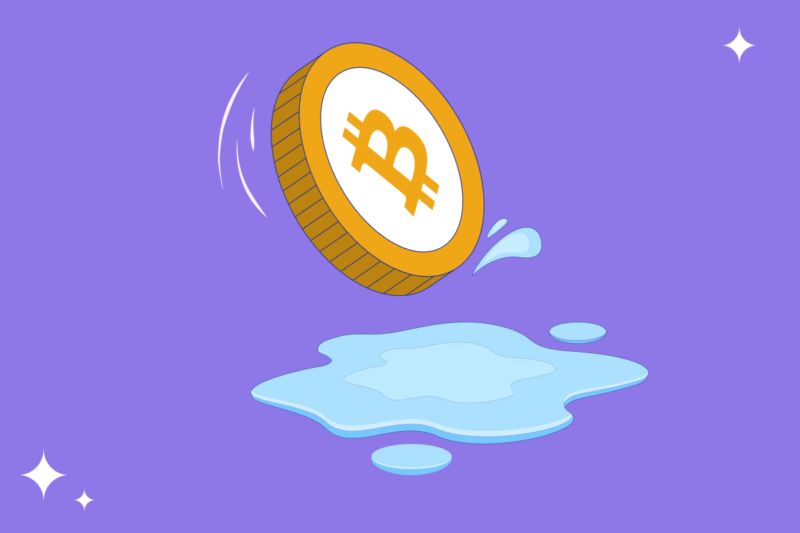 A Bitcoin slipping on a puddle of water