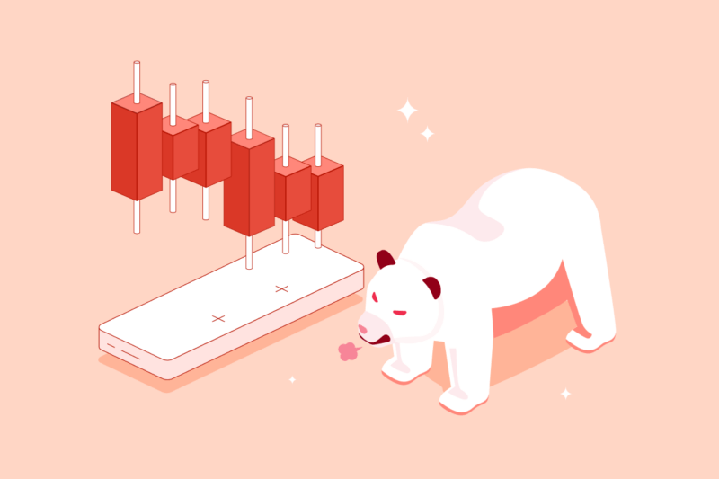 A large bear and a series of red candlesticks