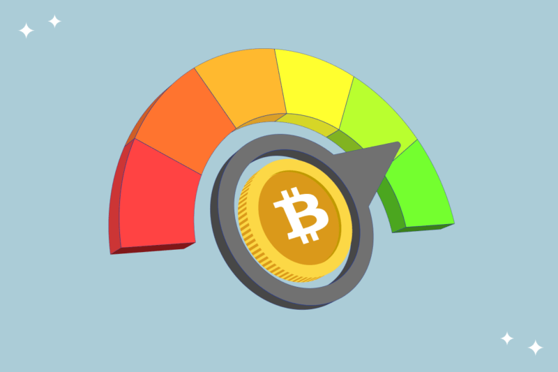 A Bitcoin dial point to green on a scale from red to green
