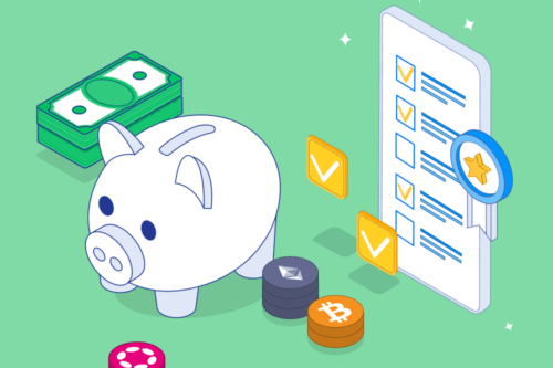Piggy bank with generic bank notes and crypto coins behind it on a green background