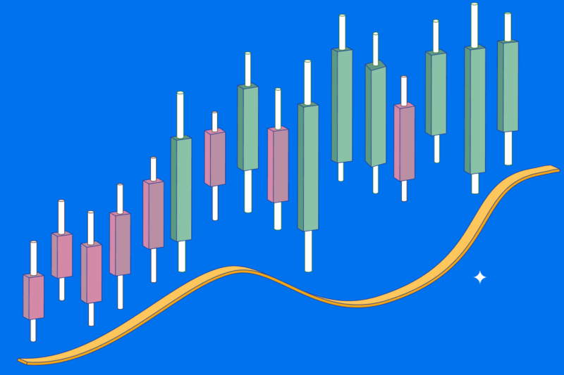 A series of ascending candlesticks supported by an orange line