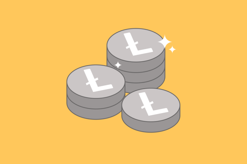 A few stacks of Litecoins on a yellow background