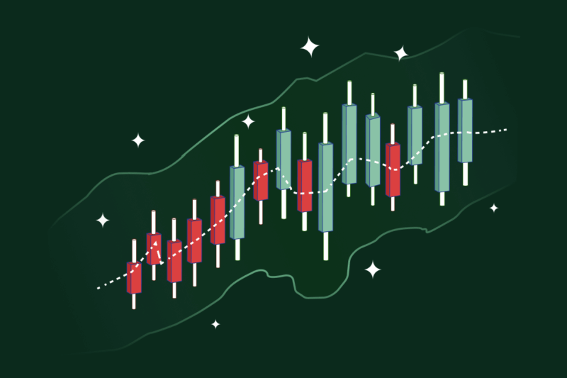 A row of crypto candlesticks moving sideways within a channel