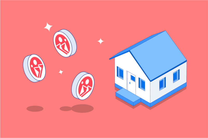 A house and some floating MANA coins on a red background