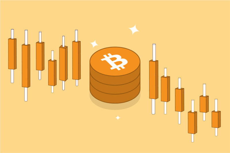 A stack of Bitcoin with a series of candlesticks on either side