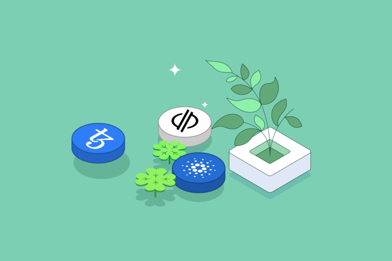 Eco-friendly cryptos next to a green plant with green background