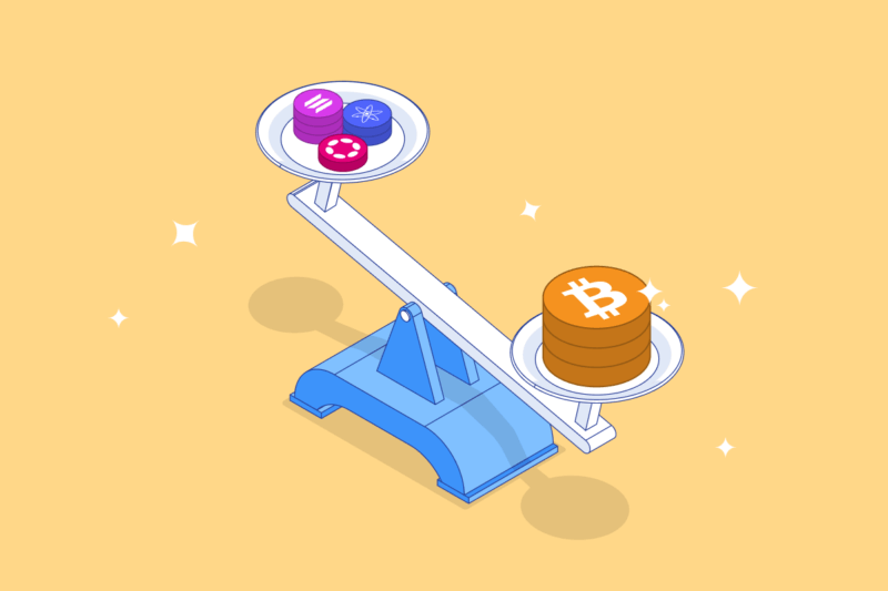 bitcoin and altcoins on a seesaw scale